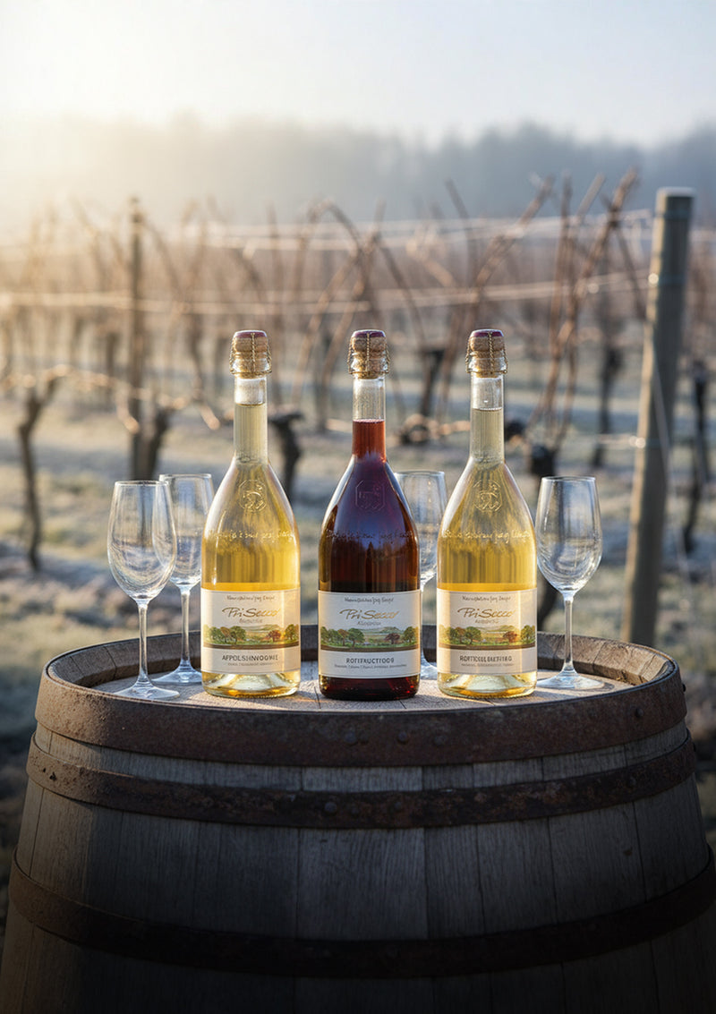 Drei Sorten Prisecco aus der Manufaktur Jörg Geiger vor winterlichen Weinreben