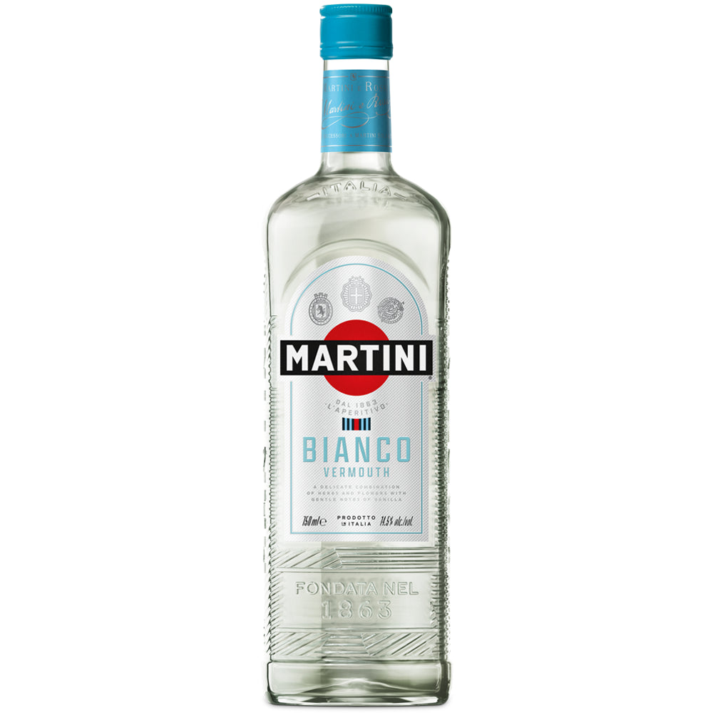 Eine 0,75-Liter-Flasche Martini Bianco Vermouth (14,5 %) von Martini in klarer Flasche mit blauem Verschluss und weißem Etikett – ideal, um ihn als italienischen Aperitif zu genießen.