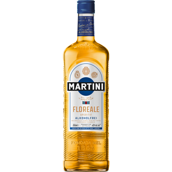 Eine Flasche Martini Floreale alkoholfrei 0,75 Liter von Martini, ein alkoholfreier Aperitif auf Basis entalkoholisierten Weißweins, mit goldenem Etikett vor weißem Hintergrund.