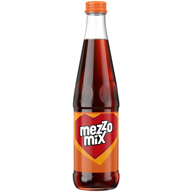 Eine Glasflasche Mezzo Mix 20x 0,4 Liter (MEHRWEG) von Mezzo Mix mit orangefarbenem Verschluss und einem herzförmigen orange-roten Cola-Orange-Etikett.