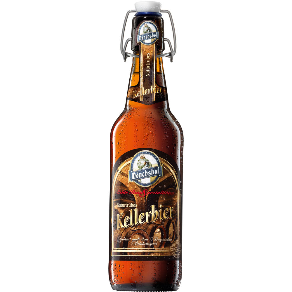 Eine Braunglasflasche Mönchshof Naturtrübes Kellerbier 20x 0,5 Liter (MEHRWEG) mit Bügelverschluss und Kondenstropfen.