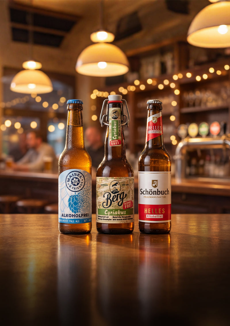 Drei Flaschen mit verschiedenen Sorten alkoholfreiem Bier auf einem Bartresen in einer gemütlichen Bar