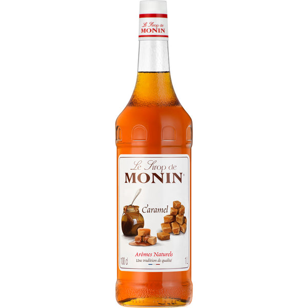 Monin Caramel Sirup 1 Liter von Monin mit Karamellstückchen und -sauce auf dem Etikett ist der perfekte Karamell Sirup zum Süßen Ihres Lieblingskaffees oder Desserts.