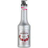 Die 1L Monin Le Fruit Himbeere FruchtPüree kommt in einer silbernen Flasche mit Pumpe und Himbeerbildern, ideal um köstliches veganes Himbeerpüree in Getränke und Desserts zu geben.