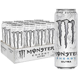 Ein 12er-Pack Monster Energy Ultra White Zuckerfrei 0,5L Dosen (EINWEG) von Monster Energy, mit einer Dose dieses zuckerfreien Energydrinks auf der Vorderseite.