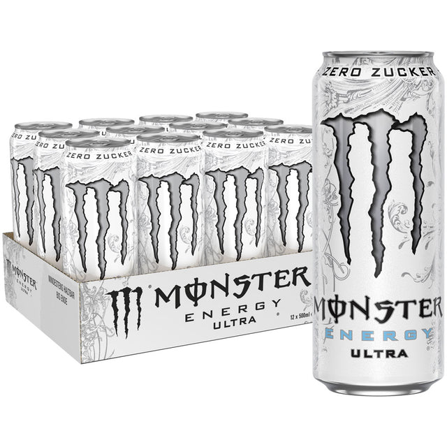 Ein 12er-Pack Monster Energy Ultra White Zuckerfrei 0,5L Dosen (EINWEG) von Monster Energy, mit einer Dose dieses zuckerfreien Energydrinks auf der Vorderseite.