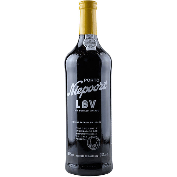 Eine 0,75-Liter-Flasche Niepoort LBV Portwein 19,5% von Niepoort Vinhos mit einem gelben Foliendach und einem schlichten schwarzen Etikett.