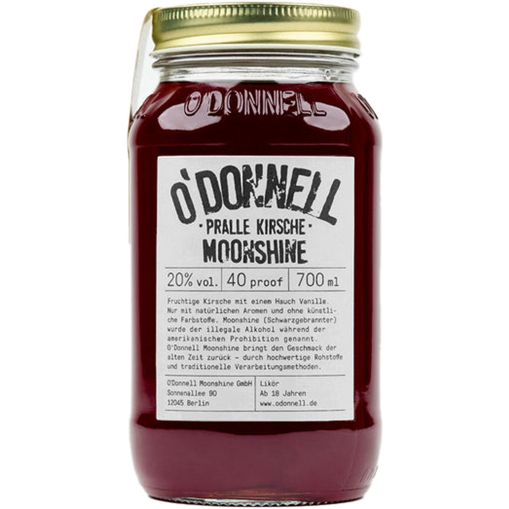 Ein 0,7-Liter-Glas mit O'Donnell Moonshine Pralle Kirsche (20%) mit einem goldenen Deckel und einem weißen Etikett auf der Vorderseite.