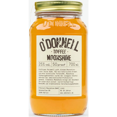Ein 0,7-Liter-Glas O'Donnell Moonshine Toffee (25%) mit goldenem Deckel und beigem Etikett - dieser vegane Likör ist ideal für alle, die süße, cremige Aromen lieben.