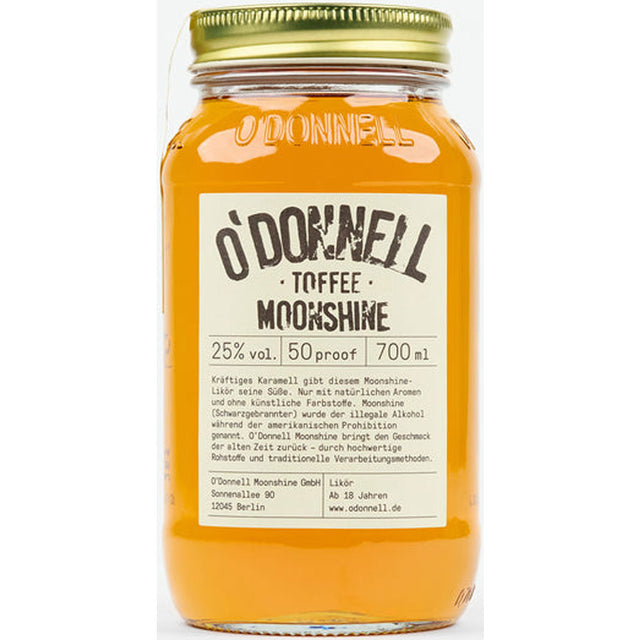 Ein 0,7-Liter-Glas O'Donnell Moonshine Toffee (25%) mit goldenem Deckel und beigem Etikett - dieser vegane Likör ist ideal für alle, die süße, cremige Aromen lieben.