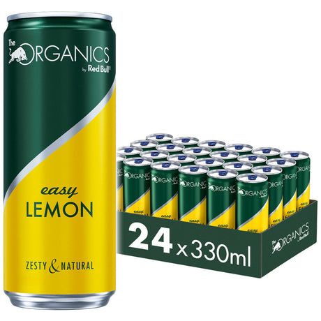 Eine Dose Red Bull Organics Easy Lemon (0,33 l) mit einer 24er-Packung (Organics by Red Bull Easy Lemon 24x 0,33 l) im Hintergrund.