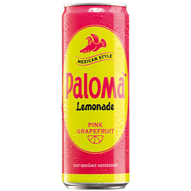 Eine erfrischende rosafarbene Dose Paloma® Pink Grapefruit Lemonade 0,33 l, hergestellt nach mexikanischer Art mit spritziger Grapefruit und einem Hauch von Agave für die perfekte Paloma Margarita-Stimmung - erhältlich im 12er-Pack (EINWEG).