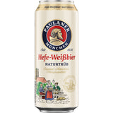Eine 0,5-Liter-Dose Paulaner Hefe-Weißbier Naturtrüb (24er-Pack, EINWEG) mit bayerischen Motiven und deutschem Text hebt das klassische, unfiltrierte Weißbier von Paulaner hervor.
