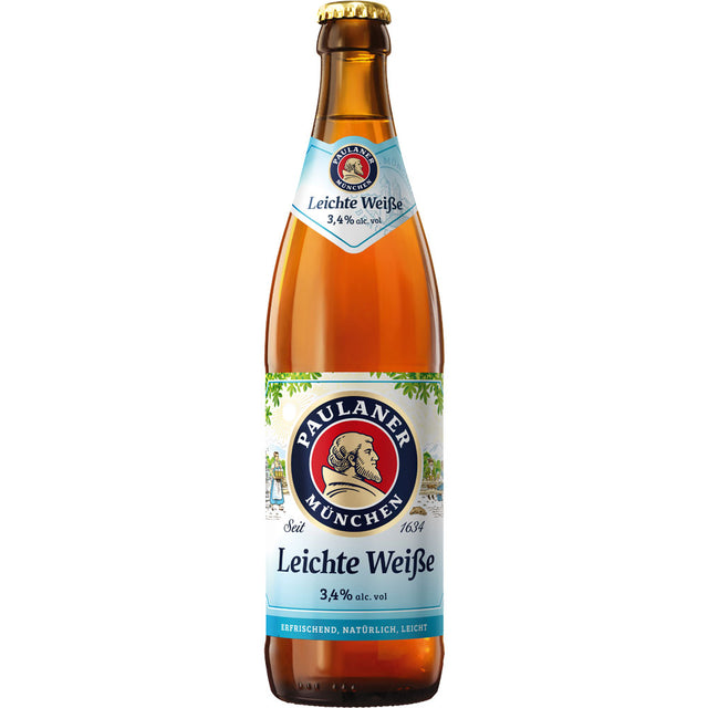 Paulaner Leichte Weisse 20x 0,5L (MEHRWEG) von Paulaner ist ein erfrischendes, kalorienreduziertes leichtes Weißbier mit blauem Etikett und 3,4% Alkohol - eine ideale Wahl für alle, die eine leichtere Biervariante suchen.