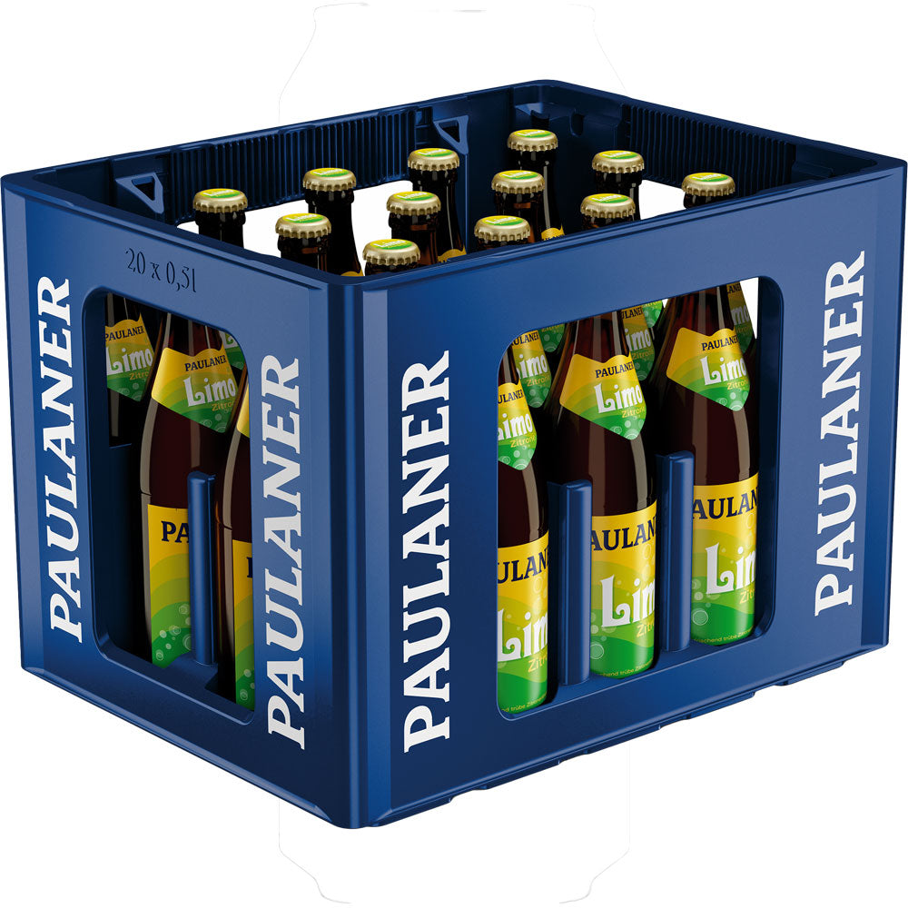 Blaue Kiste mit Paulaner-Branding, die 20 x 0,5 l-Flaschen Paulaner Limo Zitrone (MEHRWEG) enthält - ein erfrischendes Erfrischungsgetränk mit Zitronengeschmack.