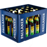 Blaue Kiste mit Paulaner-Branding, die 20 x 0,5 l-Flaschen Paulaner Limo Zitrone (MEHRWEG) enthält - ein erfrischendes Erfrischungsgetränk mit Zitronengeschmack.