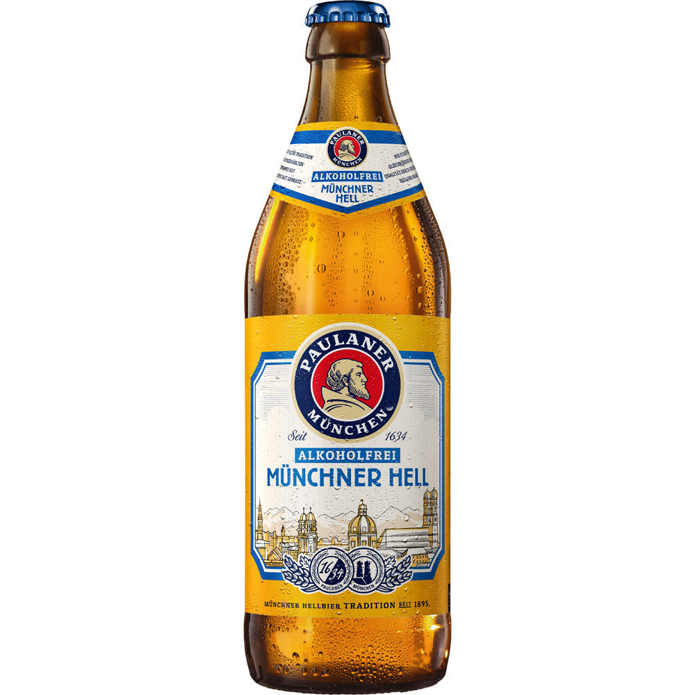 Eine 0,5-Liter-Flasche Paulaner Münchner Hell Alkoholfrei aus dem 20er Pack (Mehrweg), von Paulaner, mit blauem und goldenem Etikett.