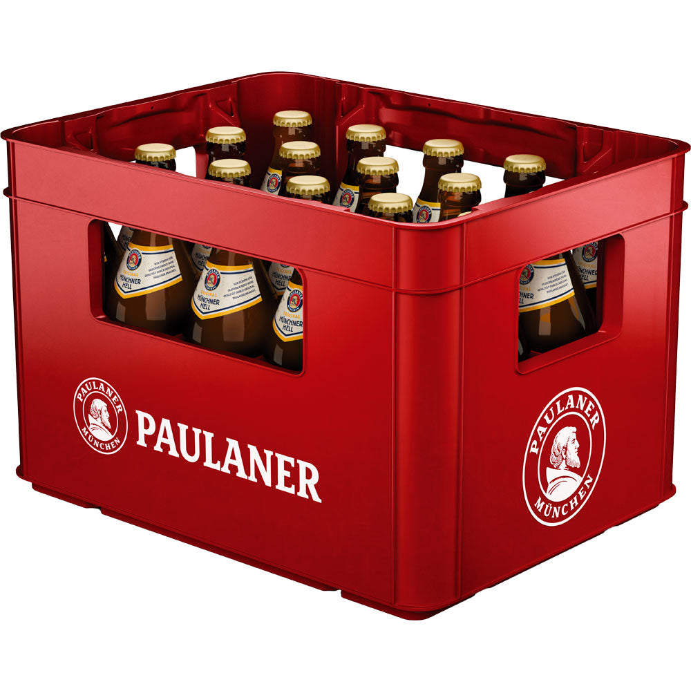 Eine rote Kiste mit dem Paulaner-Logo enthält 20 x 0,5 l Flaschen Paulaner Original Münchner Hell (Mehrweg), das kultige bayerische Lagerbier von Paulaner.