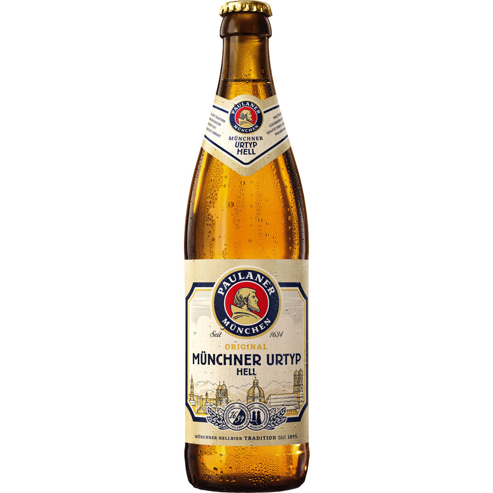 Ein Paulaner Original Münchner Urtyp 20x 0,5 Liter (MEHRWEG) Kasten zeigt den klassischen blau-weiß-goldenen Schriftzug, der die authentische Paulaner Brautradition auf weißem Hintergrund hervorhebt.