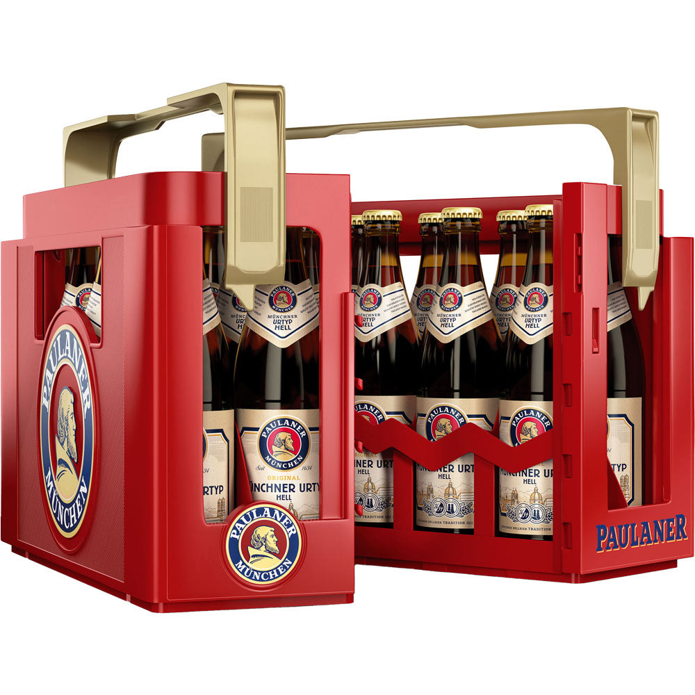 Eine rote Kiste mit offenen Türen offenbart 20 Flaschen Paulaner Original Münchner Urtyp 0,5L (Mehrweg) - ein Klassiker von Paulaner, der echte Münchner Brautradition zeigt.