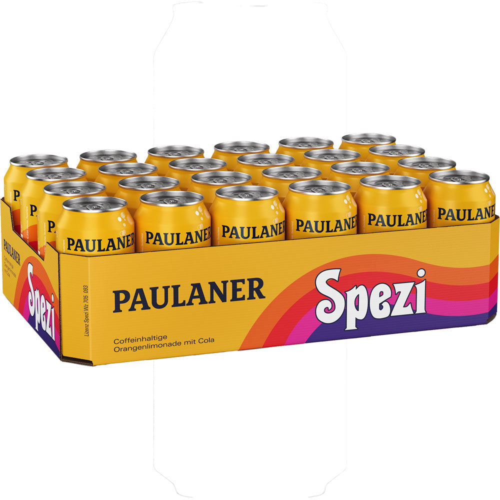 Ein 24er-Pack Paulaner Spezi Dose 0,33L (EINWEG) - die klassische deutsche Cola-Orange Limonade von Paulaner für echte Fans.