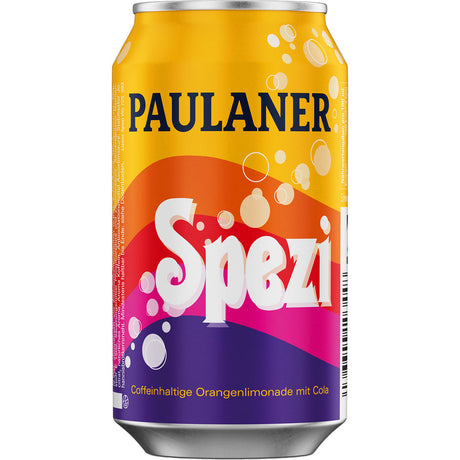 Die leuchtende Paulaner Spezi Dose 24x 0,33 Liter (EINWEG) verkörpert mit ihren auffälligen Schriftzügen und Sprudelmotiven den einzigartigen bayerischen Geschmack der klassischen Paulaner Cola Orangenlimonade.