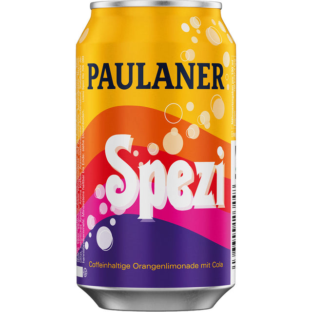 Die leuchtende Paulaner Spezi Dose 24x 0,33 Liter (EINWEG) verkörpert mit ihren auffälligen Schriftzügen und Sprudelmotiven den einzigartigen bayerischen Geschmack der klassischen Paulaner Cola Orangenlimonade.