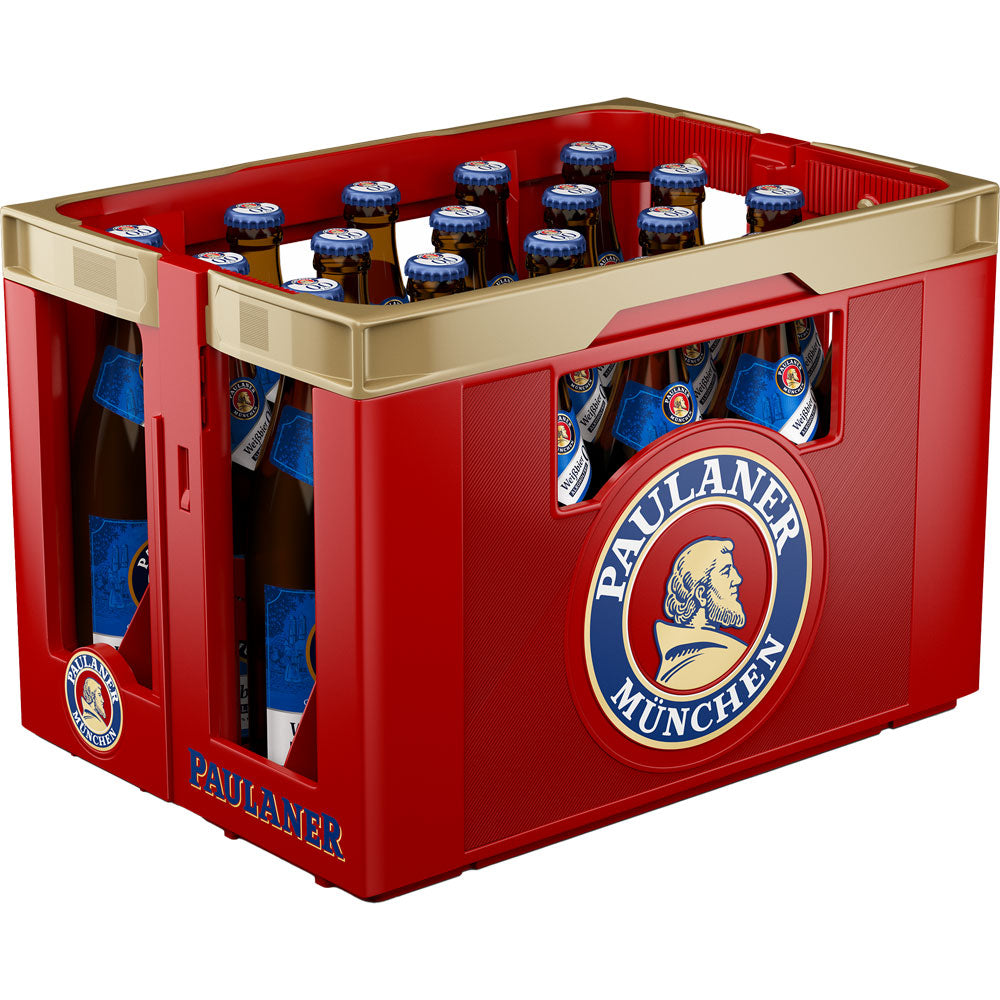 Eine rote Kiste Paulaner Weißbier 0,0% Alkoholfrei (20x 0,5L Mehrweg) mit blauen Etiketten und goldenen Verschlüssen - erfrischend und isotonisch, perfekt für jede Gelegenheit.