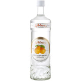 Eine Klarglasflasche Prinz Williams-Birnen Schnaps 40% (1L) von der Feinbrennerei Thomas Prinz, mit einem Etikett mit zwei gelben Birnen und Text.