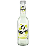 Proviant Limette-Minze Limo BIO 24x0,33L (MEHRWEG): Erfrischende Bio-Limonade von Proviant mit Limetten-Minze-Geschmack, serviert in Glasflaschen mit Retro-Frauenlogo und grünen Blasen.
