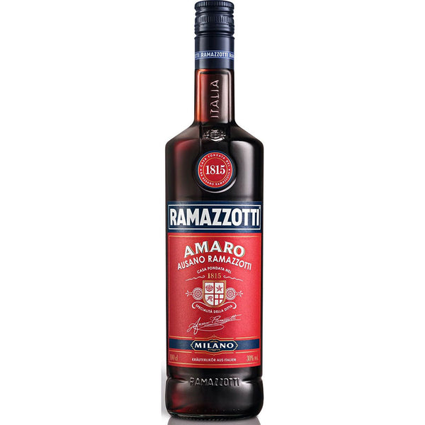 Eine 1-Liter-Flasche Ramazzotti Amaro (30%) - ein klassischer italienischer Kräuterlikör (Digestif) von Ramazzotti, bekannt für sein unverwechselbares rot-blaues Etikett.
