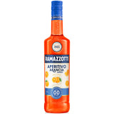 Eine 0,7-Liter-Flasche Ramazzotti Aperitivo Arancia 0,0% alkoholfrei, ein italienischer Aperitif von Ramazzotti, mit orangefarbener Grafik und blauem Verschluss auf weißem Grund.