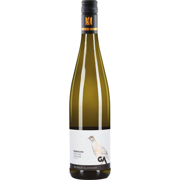Der Aldinger Rebhuhn Riesling VDP.Gutswein trocken 2024 ist ein großer deutscher Weißwein aus dem Remstal mit einem eleganten weißen Etikett mit einer Vogelillustration.
