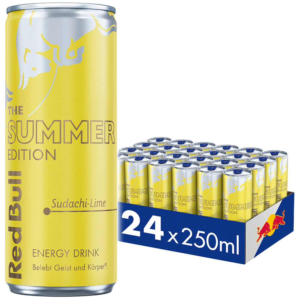 Eine Dose Red Bull Summer Edition Sudachi-Lime Energy Drink steht neben einem 24er-Pack Red Bull Energy Drink Summer Edition Sudachi-Lime in 250-ml-Dosen.