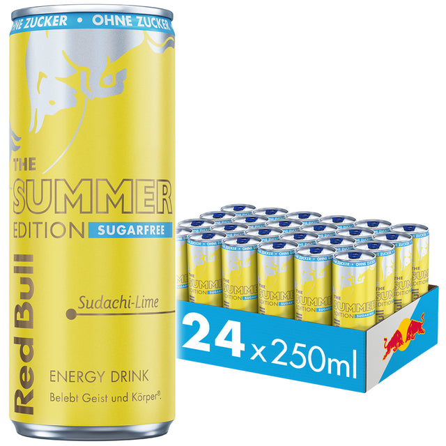 Red Bull Energy Drink Summer Edition Sudachi-Lime zuckerfrei, 24 Dosen à 250 ml (EINWEG), mit dem belebenden Sudachi-Lime-Geschmack im praktischen 24er-Pack von Red Bull. Verpackt in einer blau-weißen Schachtel ist dieses zuckerfreie Energy-Drink perfekt für alle, die einen erfrischenden Energieschub suchen.