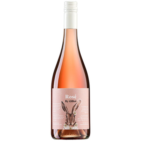 Eine Flasche Kühling-Gillot Rosé by Gillot Edition Hase trocken 2024 mit rosafarbenem Etikett und Kaninchenmotiv - ein idealer, lebendiger Sommerwein.