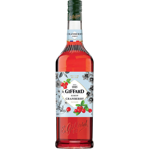 Giffard Cranberry Sirup 1 Liter von Giffard, mit silber-weißem Etikett mit Cranberries und Blumen - ideal als Premium-Sirup oder Beerensirup für Cocktails und Desserts.