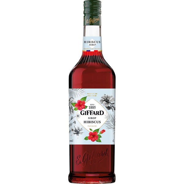 Giffard Hibiskus Sirup Hibiscus 1 Liter von Giffard zeichnet sich durch eine leuchtend rote Flüssigkeit und ein blumiges Etikett aus, die diesen exquisiten französischen Sirup hervorheben.