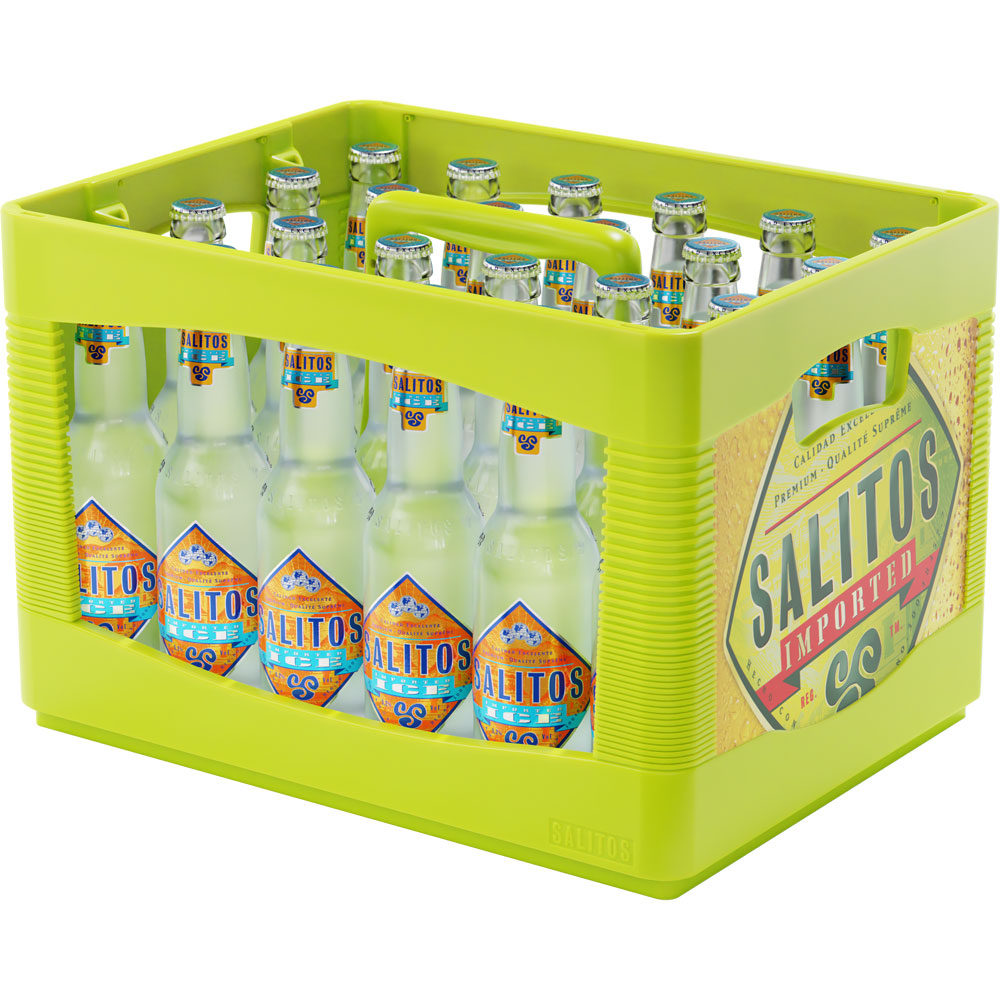 Eine gelbe Kiste der Marke Salitos enthält 24 Flaschen Salitos Ice 0,33 l (MEHRWEG) mit bunten Etiketten, von einem Winkel aus gesehen.