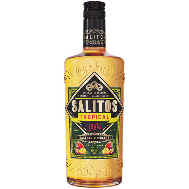 Eine 0,7-Liter-Flasche Salitos Tropical Chili Likör (20%) mit einem lebendigen Etikett bietet eine lebhafte Mischung aus würzigem Tequila Silver und kühnen Mango-Maracuja-Likör-Aromen.
