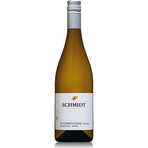 Eine Flasche Weißwein Weingut Schmidt BIO Grauburgunder trocken 2024 mit weiß-goldenem Etikett.