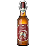 Eine braune Flasche Schwaben Bräu Kellerpils Bügel 0,5L (MEHRWEG) mit einem roten Etikett und Bügelverschluss von Schwaben Bräu.