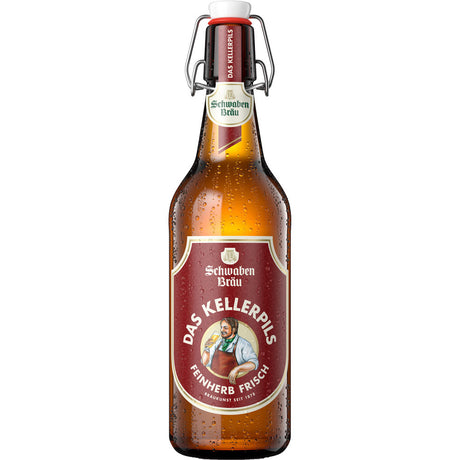Eine braune Flasche Schwaben Bräu Kellerpils Bügel 0,5L (MEHRWEG) mit einem roten Etikett und Bügelverschluss von Schwaben Bräu.
