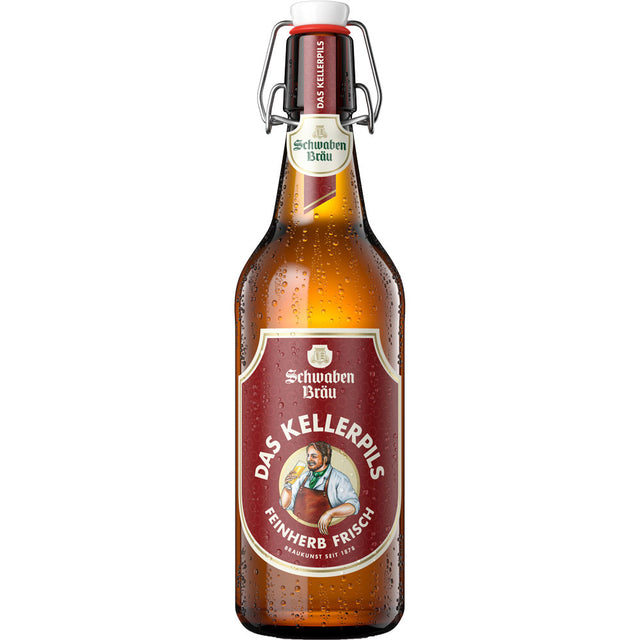 Eine braune Flasche Schwaben Bräu Kellerpils Bügel 0,5L (MEHRWEG) mit einem roten Etikett und Bügelverschluss von Schwaben Bräu.