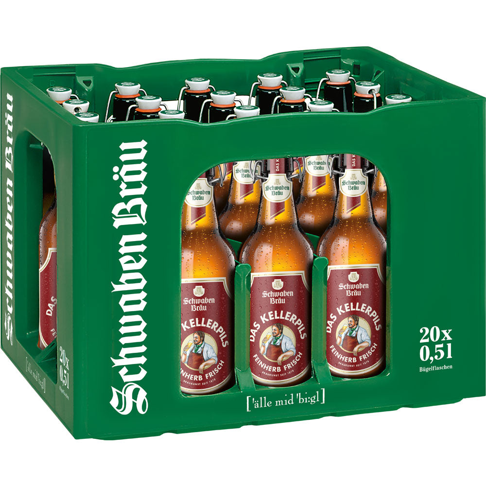 Eine grüne Kiste mit 20 Flaschen Schwaben Bräu Kellerpils Bügel, je 0,5L (Mehrweg), von Schwaben Bräu.