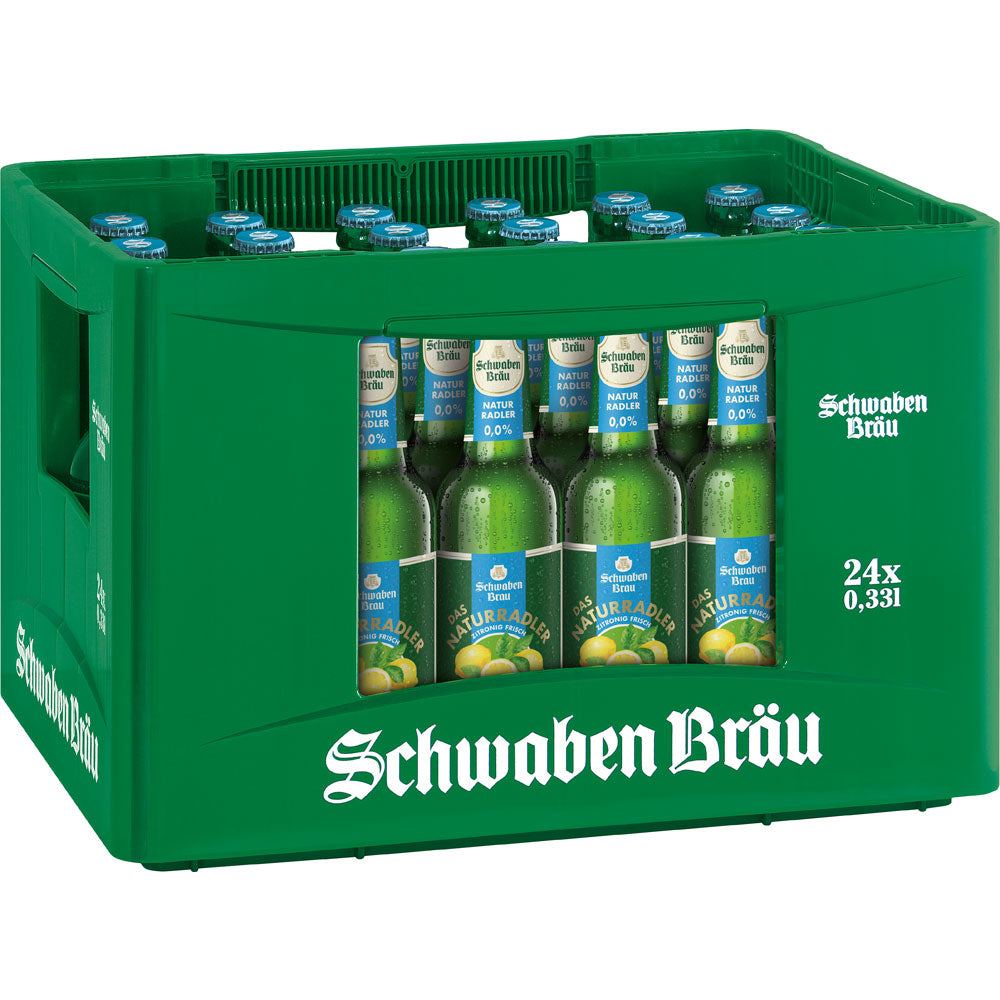 Grüne Kiste mit 24 Flaschen Schwaben Bräu NaturRadler Alkoholfrei 0,0% (24 x 0,33L Mehrweg), mit Zitronengrafik auf den Etiketten.