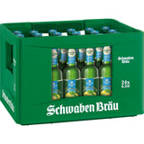 Grüne Kiste mit 24 Flaschen Schwaben Bräu NaturRadler Alkoholfrei 0,0% (24 x 0,33L Mehrweg), mit Zitronengrafik auf den Etiketten.