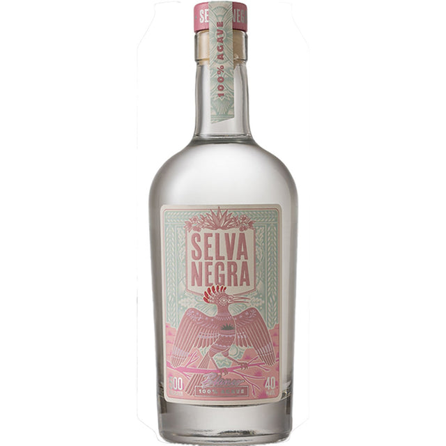 Eine 0,5-Liter-Flasche Selva Negra Blanco 40% mit einem rosa-grünen Etikett, das einen Adler und die Agave Salmiana zeigt.