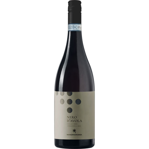 Eine Flasche Settesoli Mandrarossa Nero d'Avola Vendemmia 2024 Rotwein mit beigem Etikett und schwarzem Kreis.