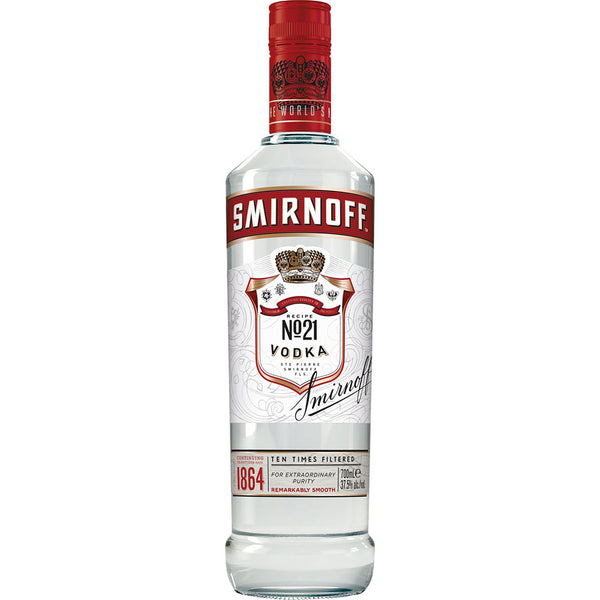 Eine 0,7-Liter-Flasche Smirnoff Wodka Red Label No. 21 (37,5%) mit dem für Smirnoff Wodka charakteristischen roten Verschluss und einem eleganten Etikett in Weiß, Rot und Silber.